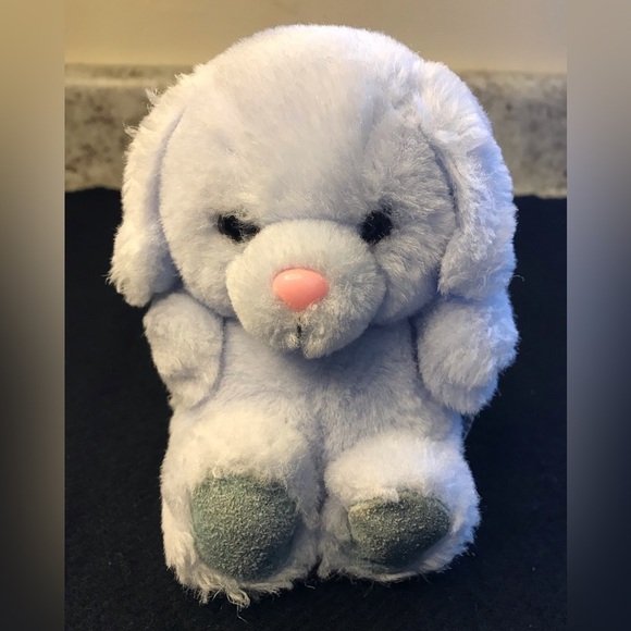 Mini Russ Dog Plush Blue w/ Aqua Suede Feet 5” Pink Nose Stuffed Animal RARE VTG - Picture 1 of 8